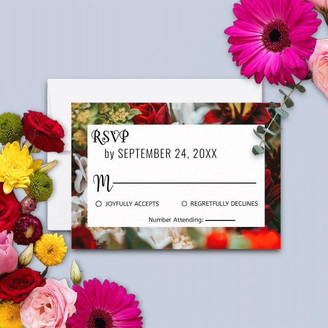Elegant red roses blossoms flowers floral Wedding  RSVP Card (Creator Uploaded)