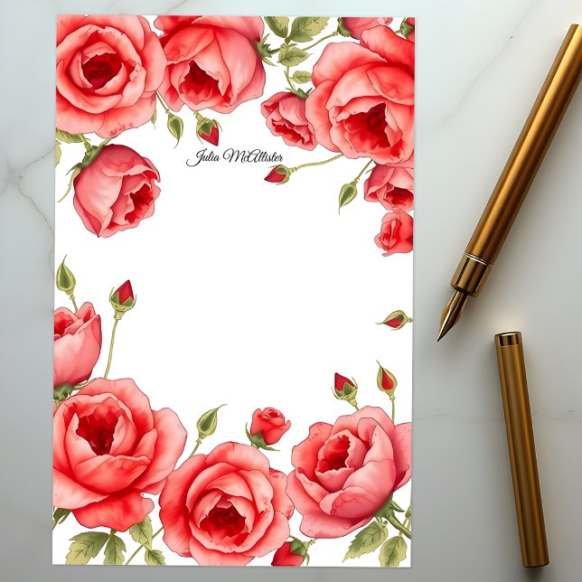 Elegant Red Roses Border with Personal Script Stationery (Creator Uploaded)
