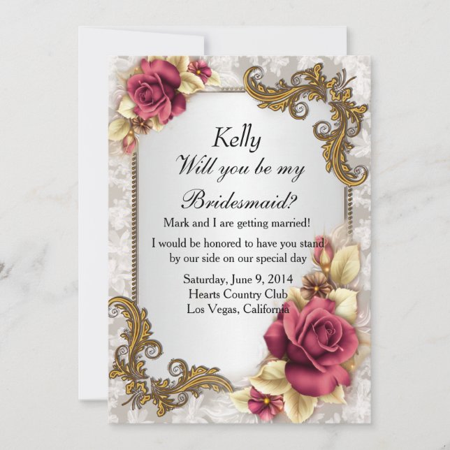 Elegant Red Roses Bridesmaid Card (Front)