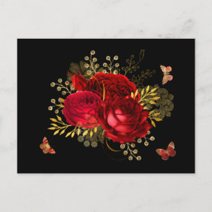 Elegant Red Roses Butterfly Gold Postcard