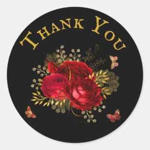 Elegant Red Roses Butterfly Gold  Thank You Classic Round Sticker