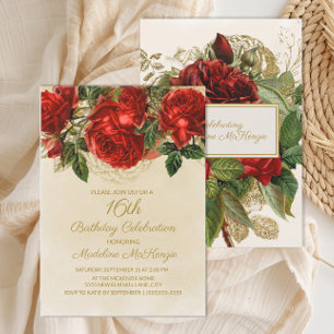 Elegant Red Roses Champagne 16th Birthday Invitation