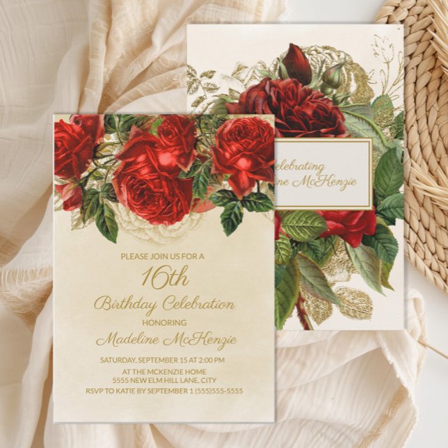 Elegant Red Roses Champagne 16th Birthday Invitation (Elegant red roses on cream 16th birthday party invitation)