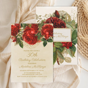 Elegant Red Roses Champagne 30th Birthday Invitation