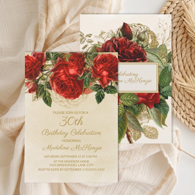 Elegant Red Roses Champagne 30th Birthday Invitation (Elegant red roses on cream 30th birthday party invitation)