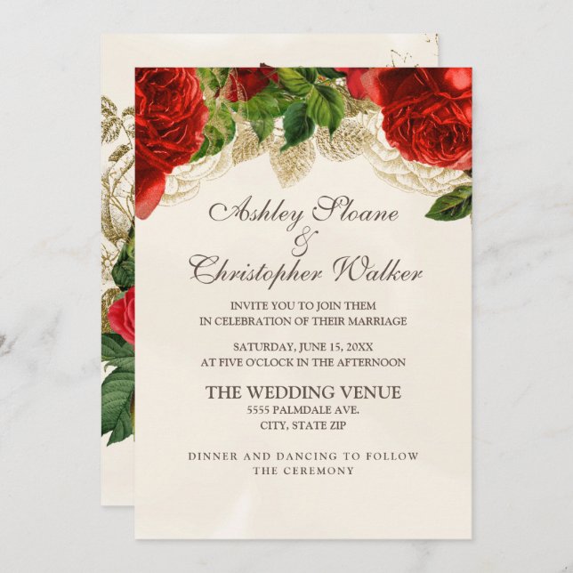 Elegant Red Roses Champagne Wedding Invitation (Front/Back)