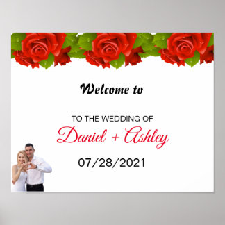 Elegant Red Roses Couple Photo Welcome Wedding Poster
