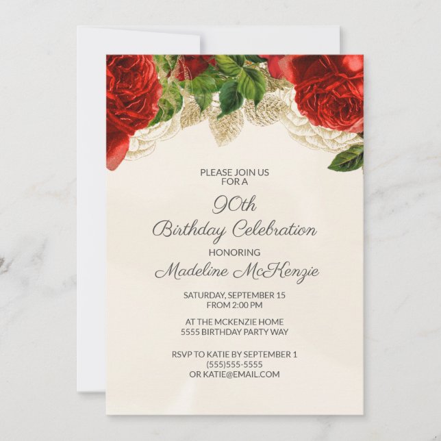Elegant Red Roses Cream 90th Birthday Invitation (Front)