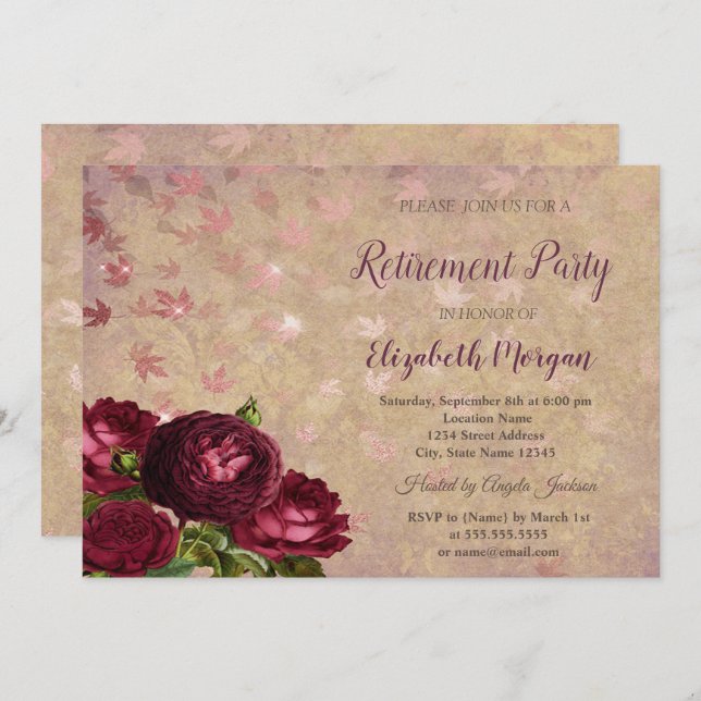 Elegant Red Roses Falling Leaves Retirement  Invitation (Front/Back)