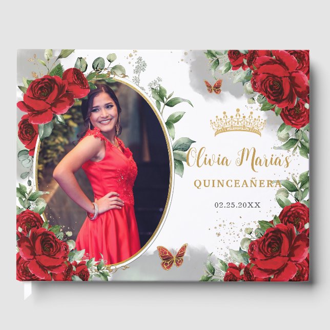 Elegant Red Roses Floral Gold Quinceanera Photo Guest Book (Front)