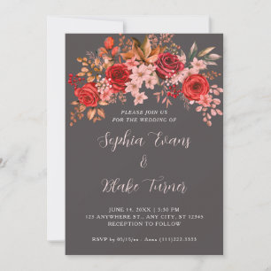 Elegant Red Roses Floral Grey Wolf Wedding Invitation