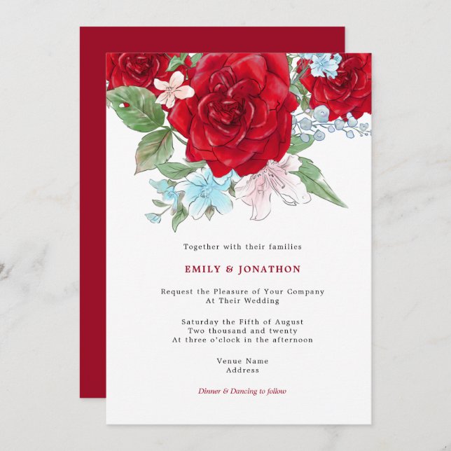 Elegant Red Roses Florals Typography Wedding Invitation (Front/Back)