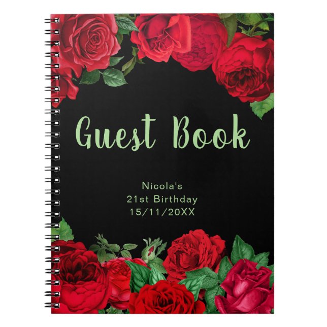 Elegant Red Roses Flowers Birthday Guest Book (Front)