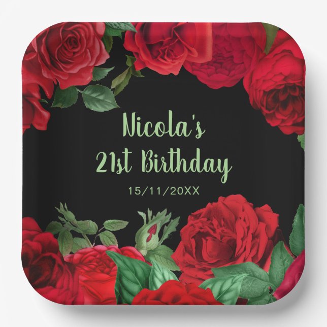Elegant Red Roses Flowers Birthday Party Paper Plate (Front)