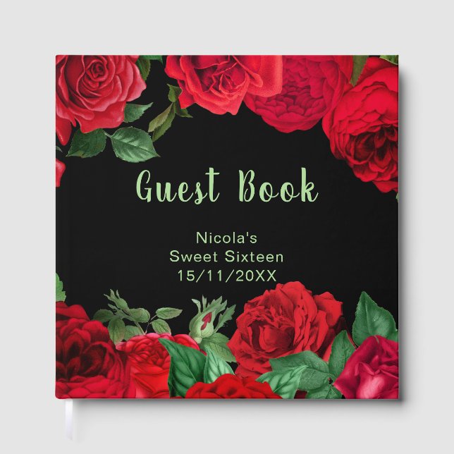 Elegant Red Roses Flowers Sweet Sixteen Guest Book (Front)