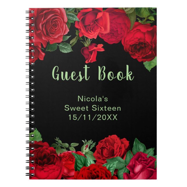 Elegant Red Roses Flowers Sweet Sixteen Guest Book (Front)