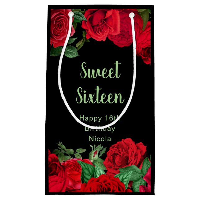 Elegant Red Roses Flowers Sweet Sixteen Small Gift Bag (Front)