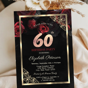 Elegant Red Roses Frame Black 60th Birthday  Invitation