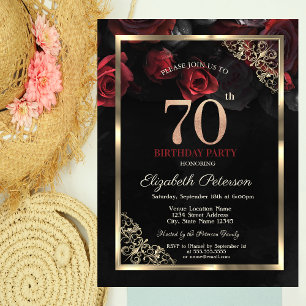 Elegant Red Roses Frame Black 70th Birthday  Invitation