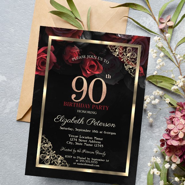 Elegant Red Roses Frame Black 90th Birthday  Invitation (Creator Uploaded)