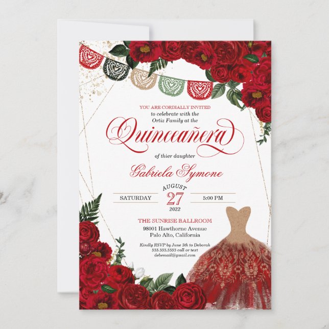 Elegant Red Roses Glitter Dress Fiesta Quinceañera Invitation (Front)