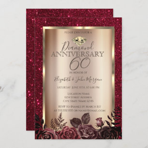 Elegant Red Roses Glitter Wedding Anniversary Invitation