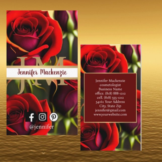 Elegant Red Roses Gold Business Card (Creator Uploaded)