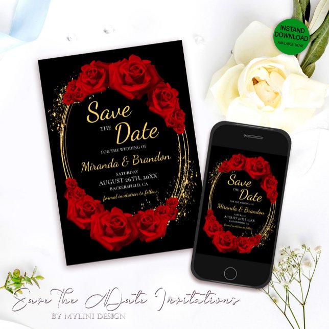 Elegant Red Roses Gold Frame Wedding Save the Date Invitation (Creator Uploaded)