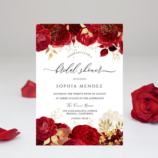 Elegant Red Roses Gold leaf Bridal Shower Invitation (Creator Uploaded)