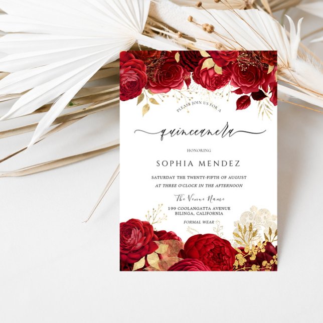 Elegant Red Roses Gold leaf Quinceanera Party Invitation (Creator Uploaded)