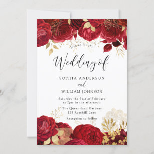 Elegant Red Roses Gold leaf Wedding Invitation