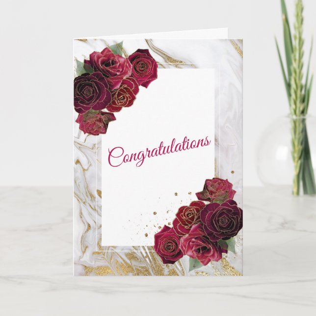 Elegant Red Roses Gold Marble Wedding Card (Front)