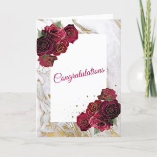 Elegant Red Roses Gold Marble Wedding Card