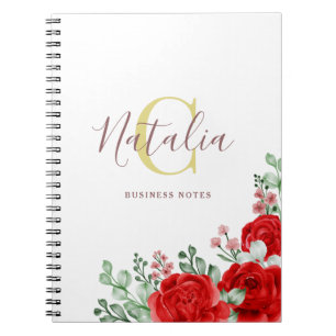 Elegant Red Roses & Gold Monogram Notebook