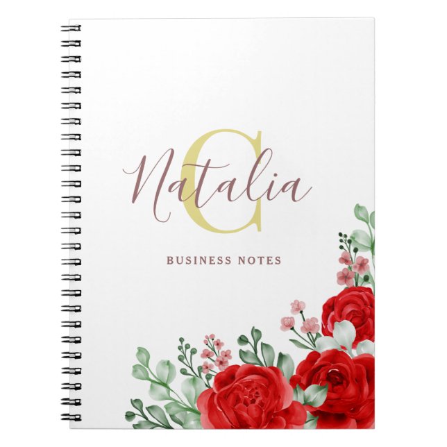 Elegant Red Roses & Gold Monogram Notebook (Front)