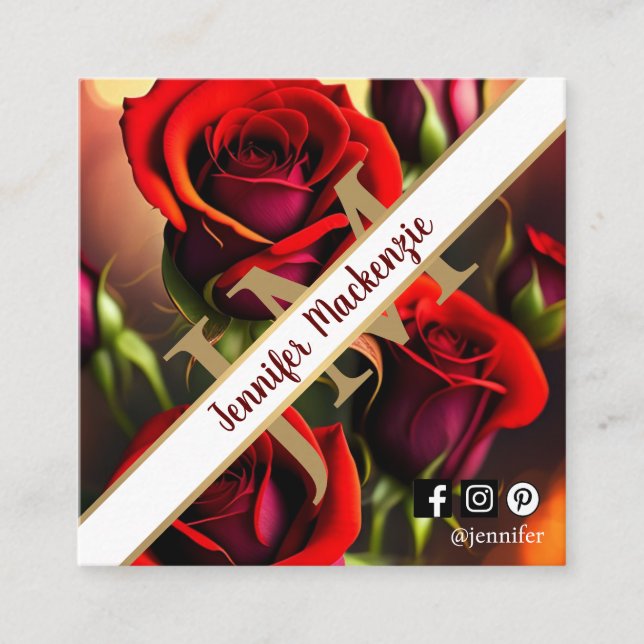 Elegant Red Roses Gold Square Business Card (Front)