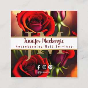 Elegant Red Roses Gold Square Business Card