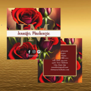 Elegant Red Roses Gold Square Business Card