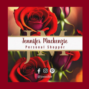 Elegant Red Roses Gold Square Business Card