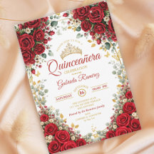 Elegant Red Roses Golden Butterflies Quinceañera