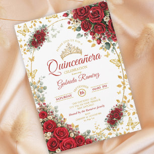 Elegant Red Roses Golden Butterflies Quinceañera Invitation