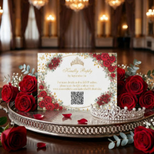Elegant Red Roses Golden Butterflies Quinceañera RSVP Card