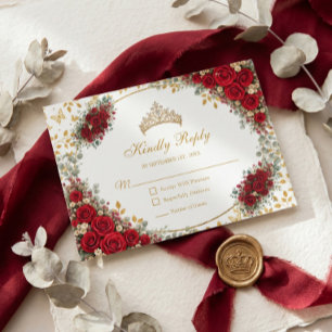 Elegant Red Roses Golden Butterflies Quinceañera RSVP Card