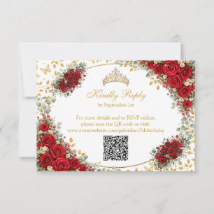 Elegant Red Roses Golden Butterflies Quinceañera RSVP Card