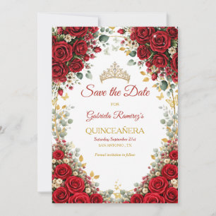 Elegant Red Roses Golden Butterflies Quinceañera Save The Date