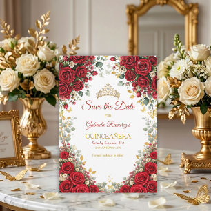 Elegant Red Roses Golden Butterflies Quinceañera Save The Date