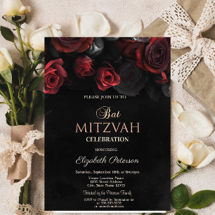 Elegant Red Roses Gothic Bat Mitzvah Invitation