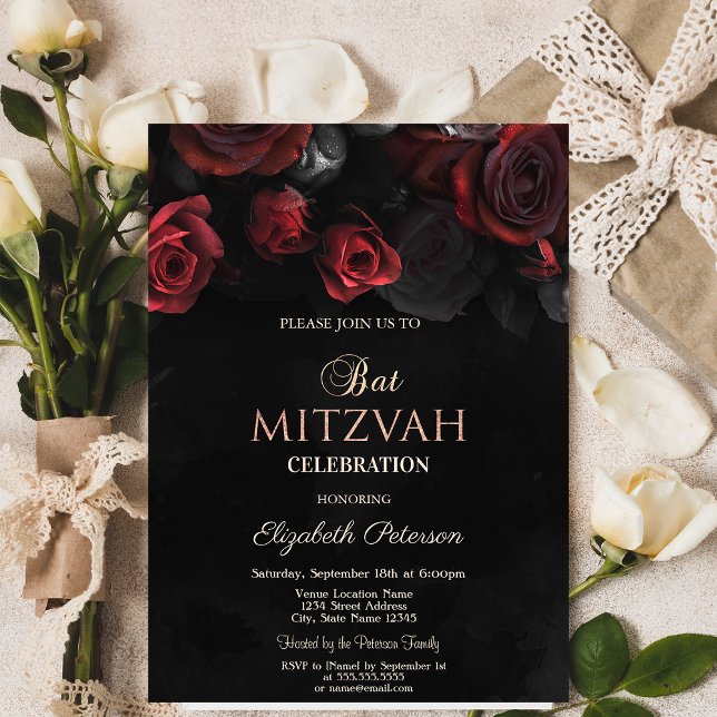 Elegant Red Roses Gothic Bat Mitzvah  Invitation (Creator Uploaded)