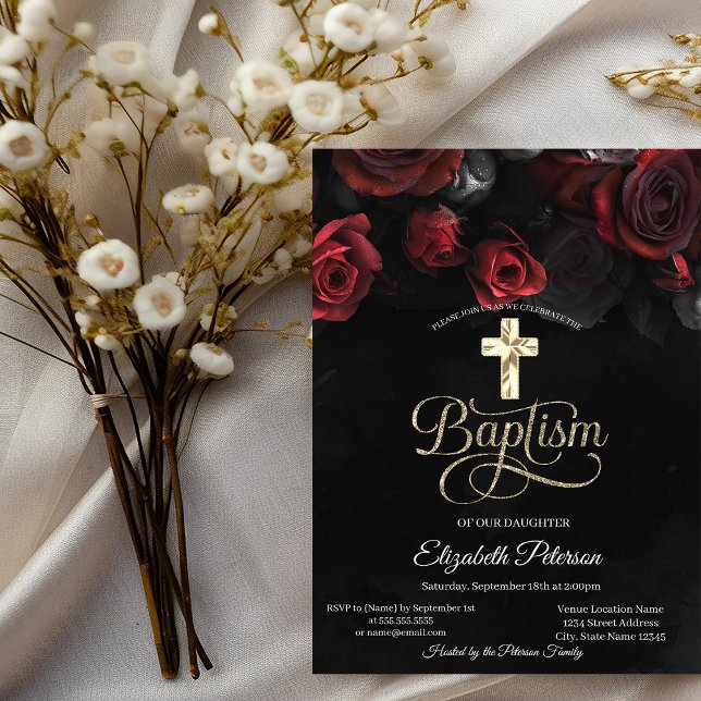 Elegant Red Roses Gothic Black Baptism Invitation (Creator Uploaded)