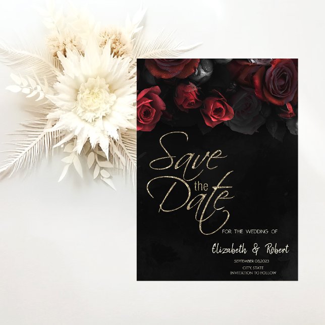 Elegant Red Roses Gothic Save The Date Card (Creator Uploaded)